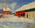 Rote Häuser am Bjornegaard im Schnee Norwegen Monet